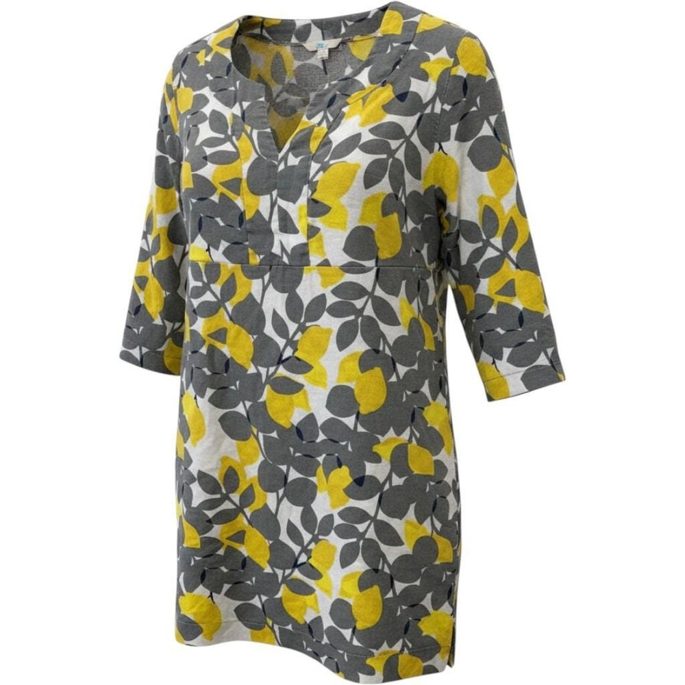 Boden Yellow Grey Botanical 100% Linen Shift Dress 3/4 Sleeve 14R Sustainable